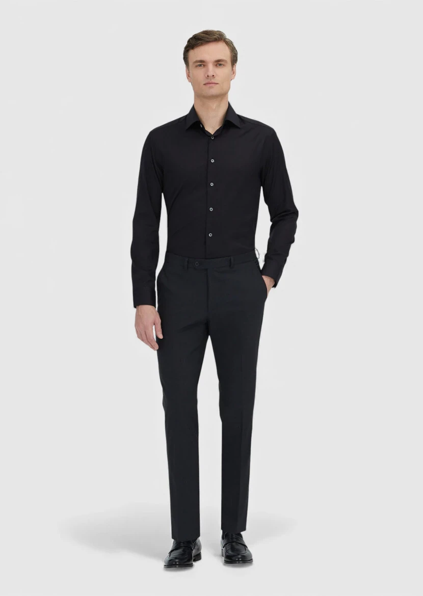 Siyah Regular Fit Ütü İstemeyen Dokuma Klasik %100 Pamuk Gömlek - RAMSEY