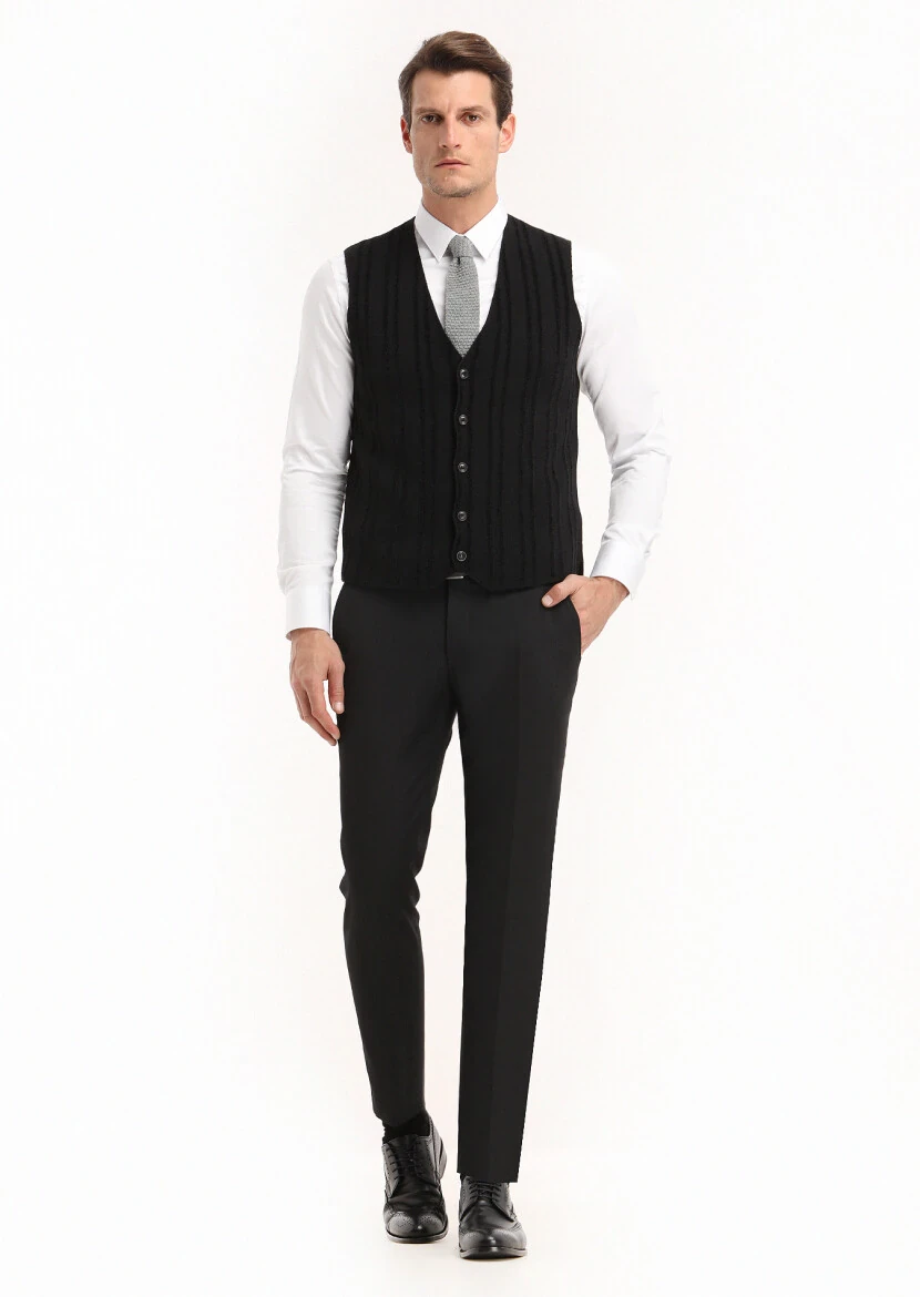 Siyah Regular Fit V Yaka Casual Örme Triko Yelek - 1