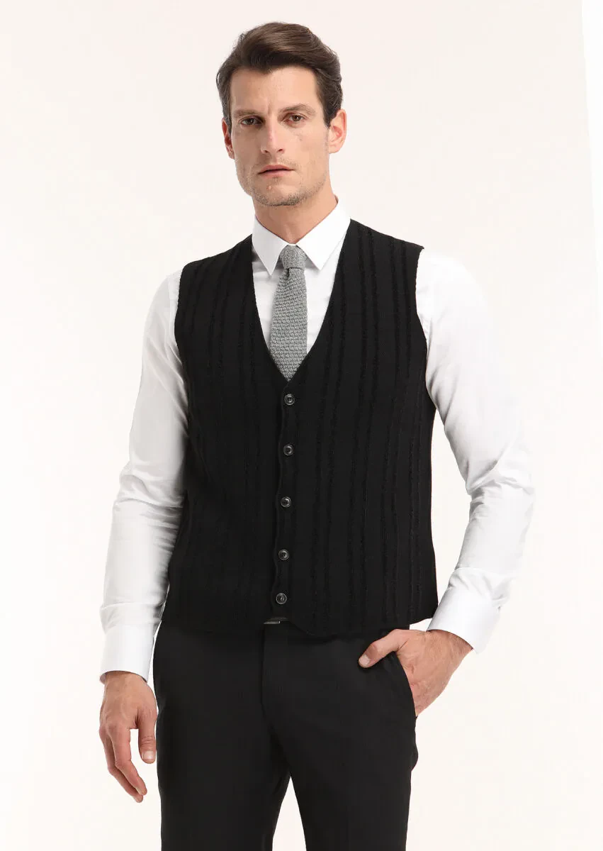 Siyah Regular Fit V Yaka Casual Örme Triko Yelek - 2