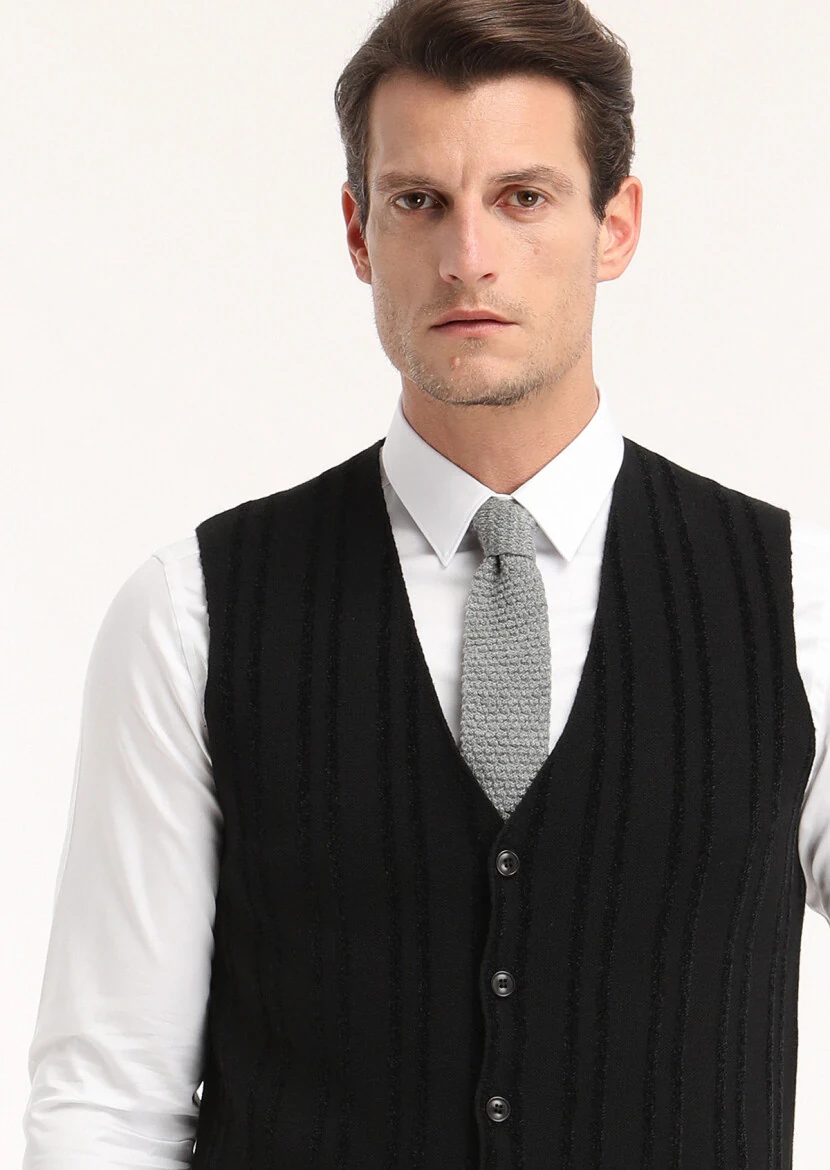 Siyah Regular Fit V Yaka Casual Örme Triko Yelek - 3