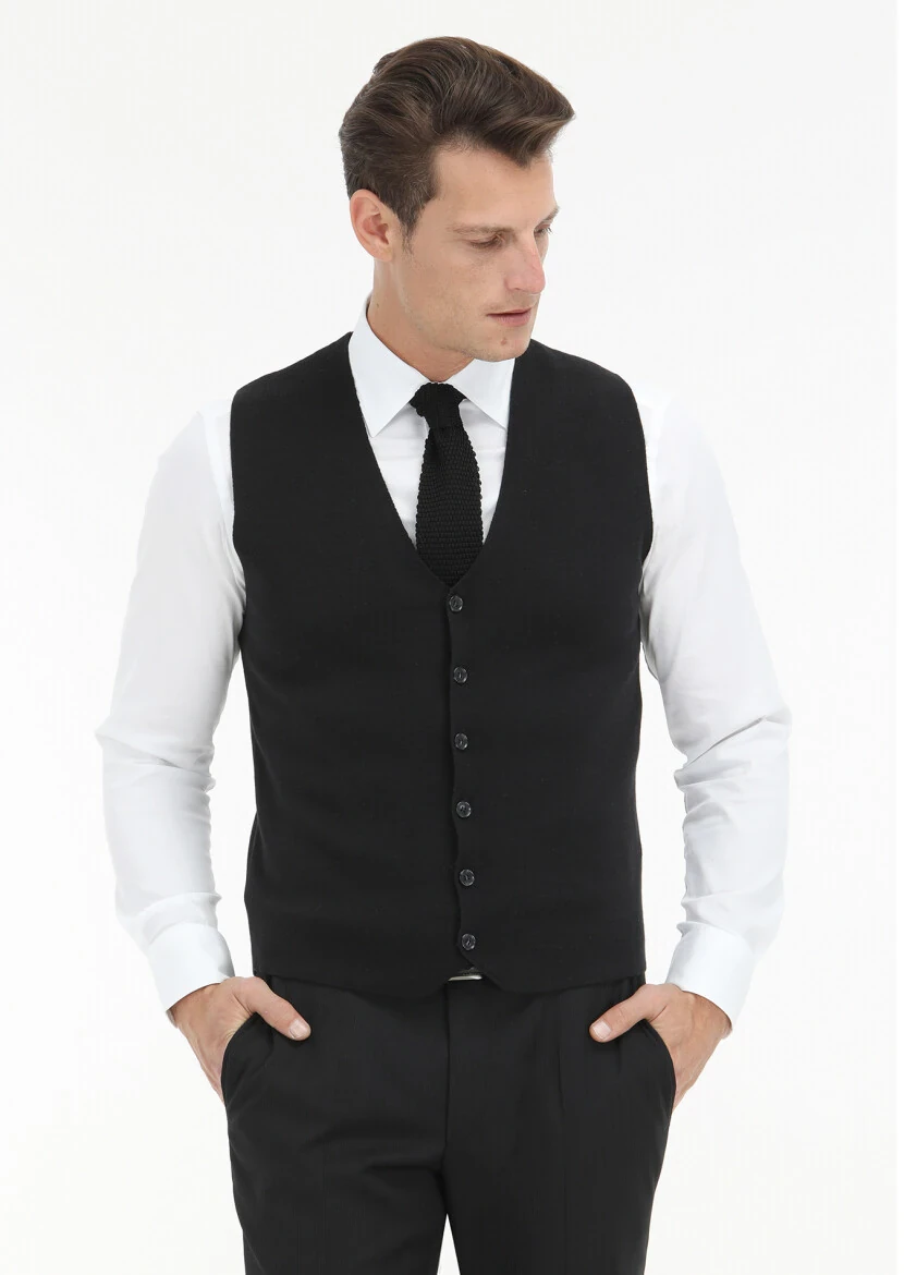 Siyah Regular Fit V Yaka Casual Örme Triko Yelek - 1