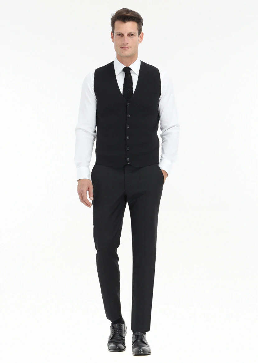 Siyah Regular Fit V Yaka Casual Örme Triko Yelek 