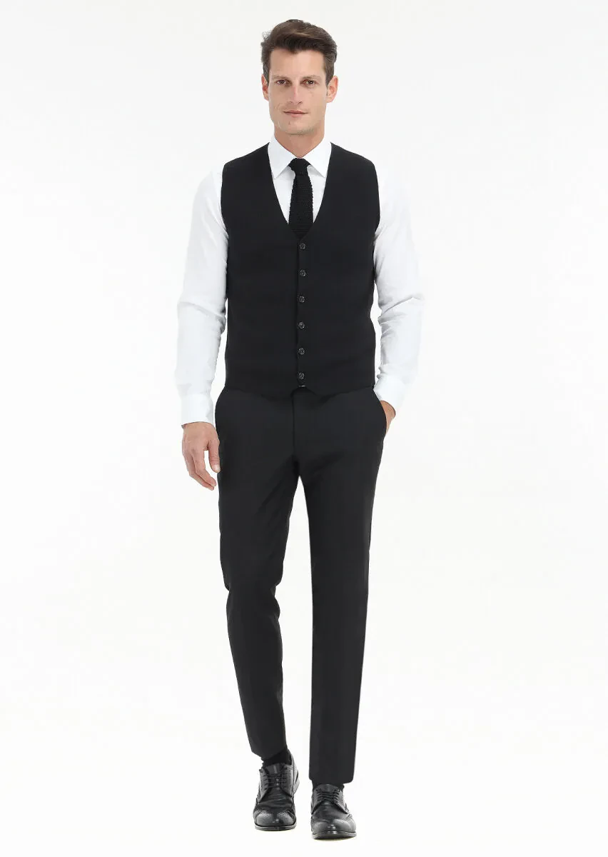 Siyah Regular Fit V Yaka Casual Örme Triko Yelek - 2