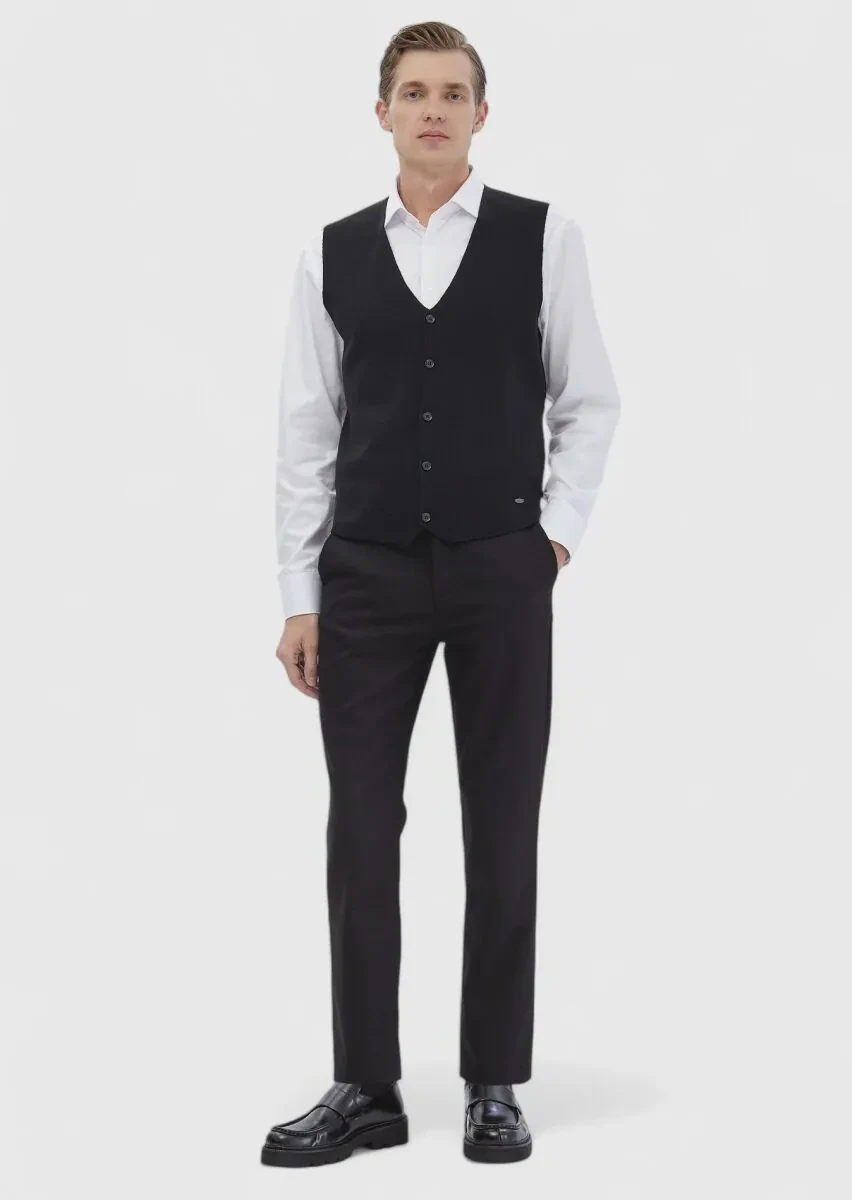 Siyah Regular Fit V Yaka Casual Örme Triko Yelek - 2
