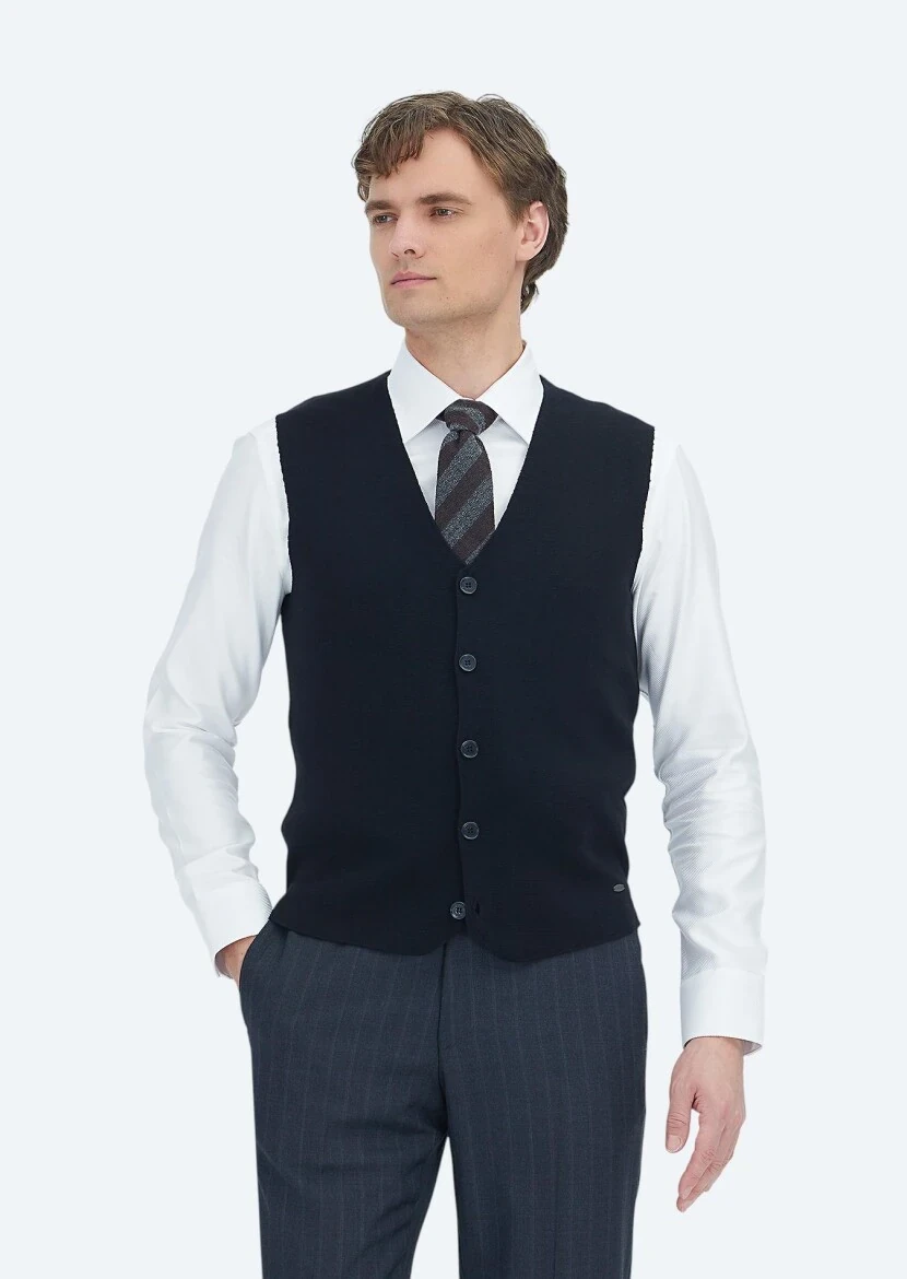 Siyah Regular Fit V Yaka Casual Örme Triko Yelek - RAMSEY