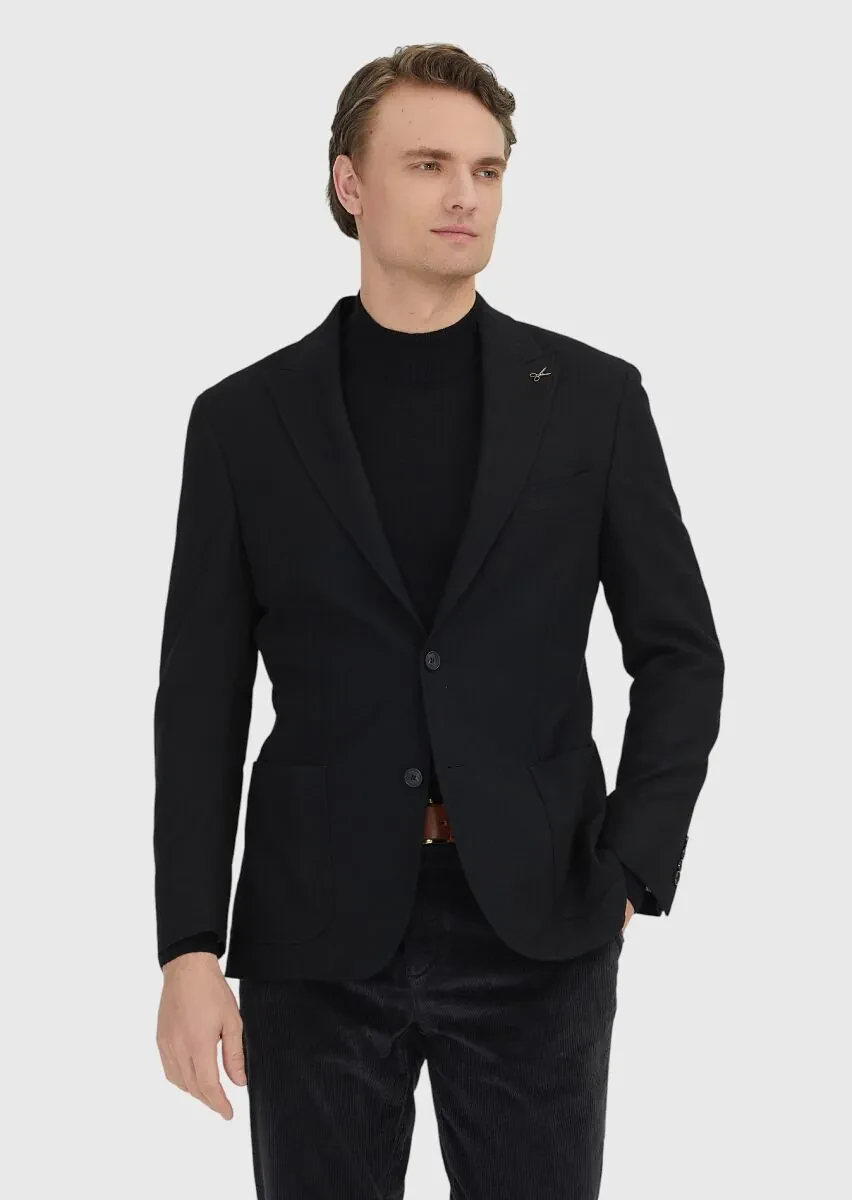 Siyah Shirt Shoulder Slim Fit Yün Karışımlı Ceket - 1