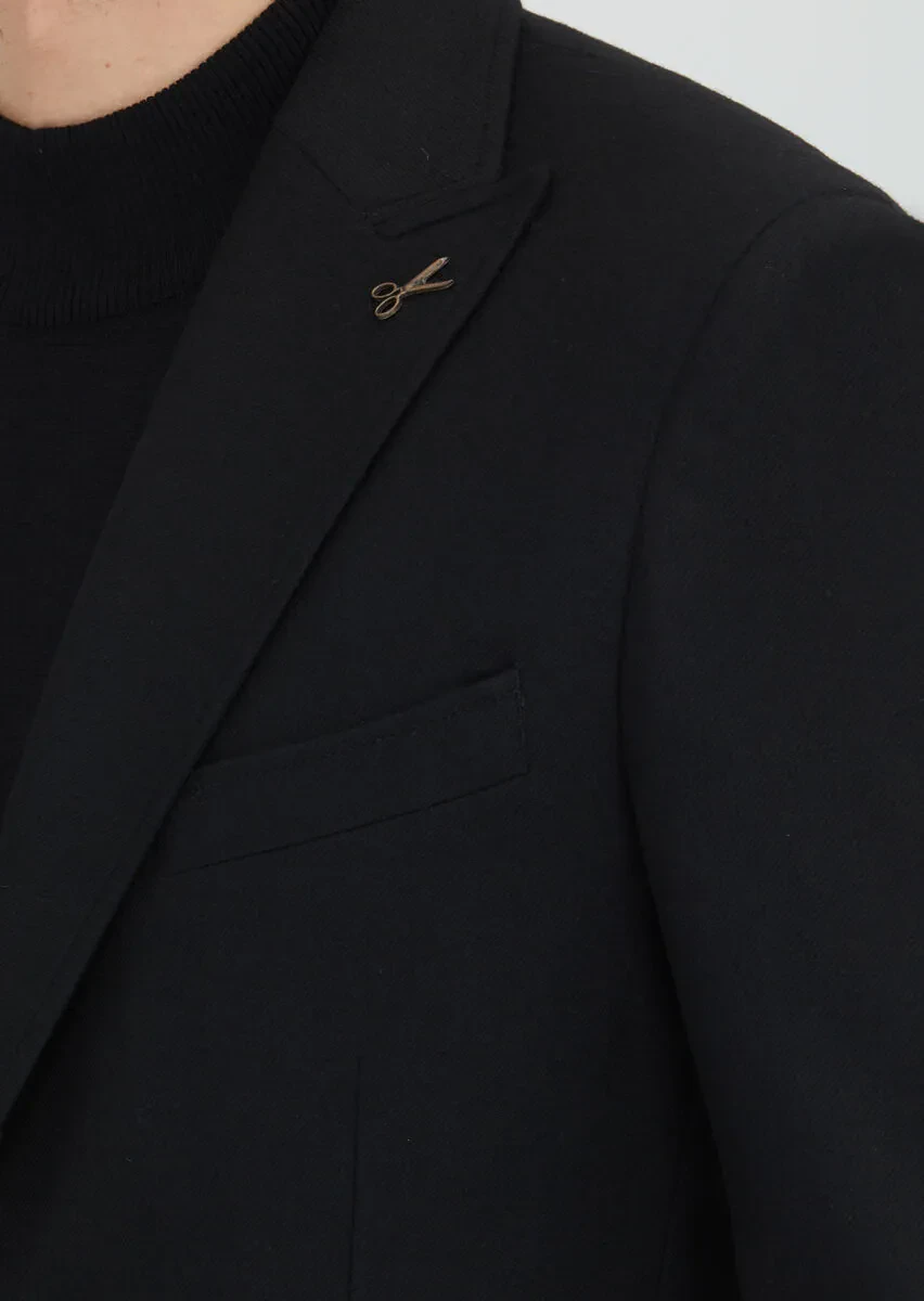 Siyah Shirt Shoulder Slim Fit Yün Karışımlı Ceket - 3