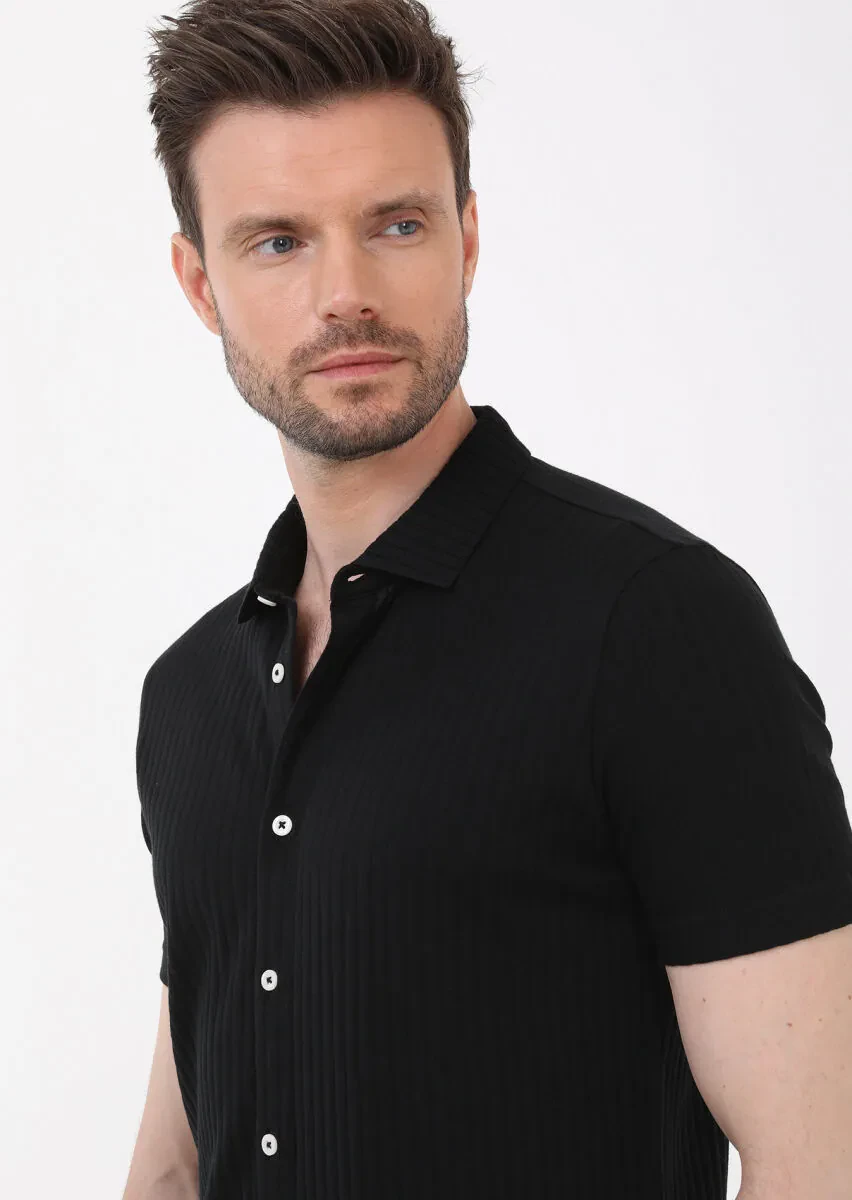Siyah Slim Fit Casual %100 Pamuk Gömlek - 4