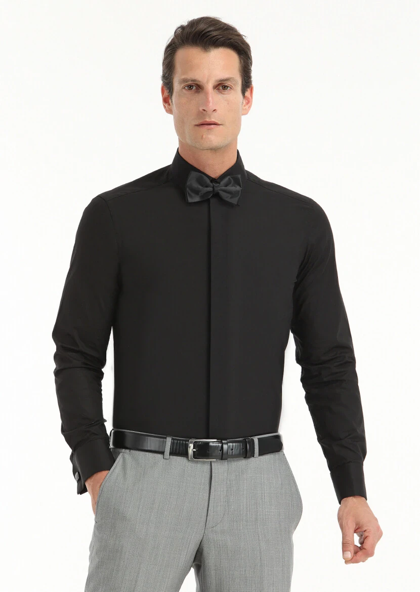 Siyah Slim Fit Duble Manşet Sivri Yaka Smokin Gömlek - RAMSEY