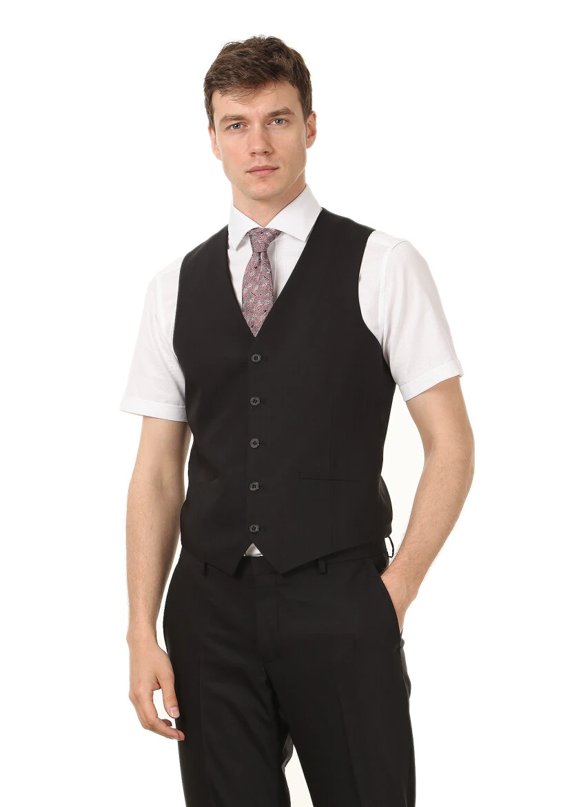 Siyah Slim Fit Kelebek Yaka Klasik Yelek - 1