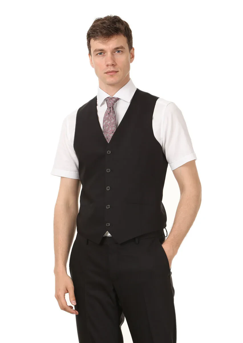 Siyah Slim Fit Kelebek Yaka Klasik Yelek - 1