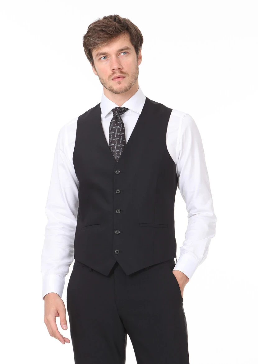 Siyah Slim Fit Kelebek Yaka Klasik Yelek - 1