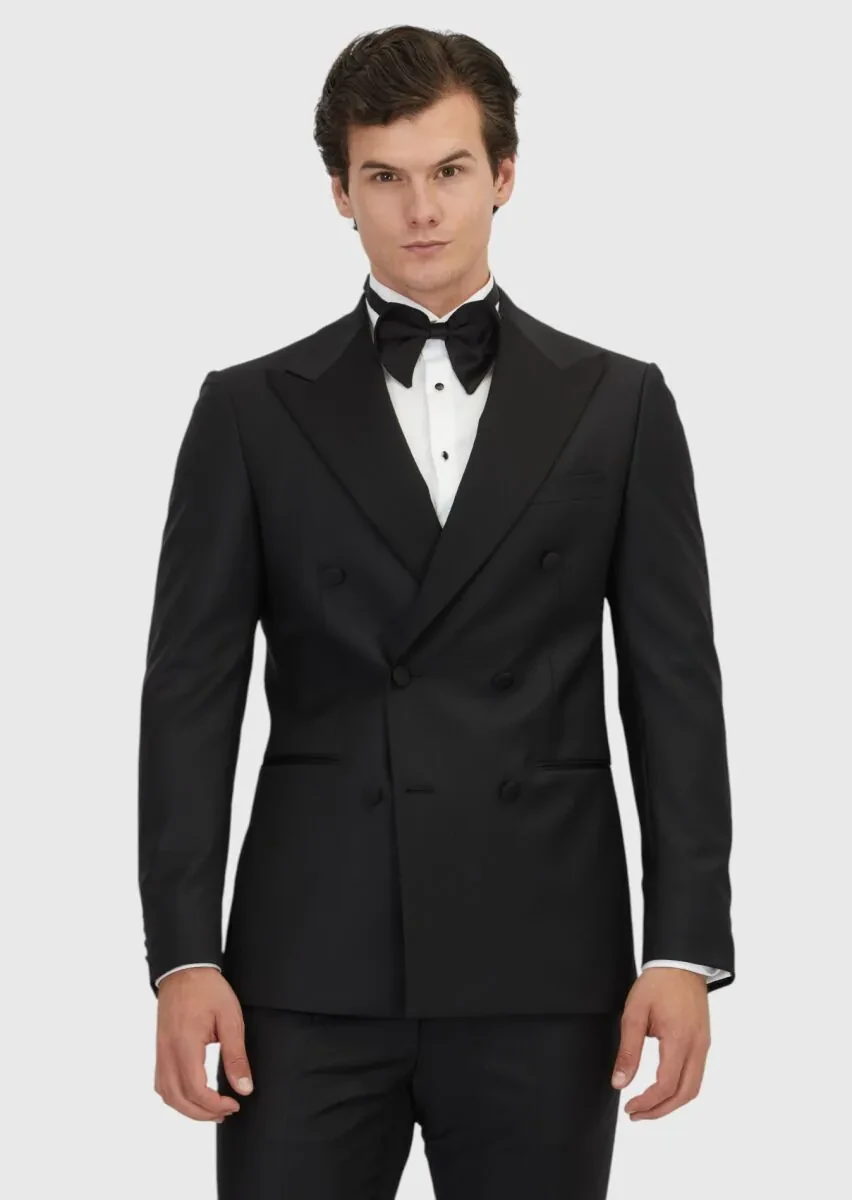 Siyah Slim Fit Kruvaze Yaka Dokuma Smokin Takım Elbise - 1