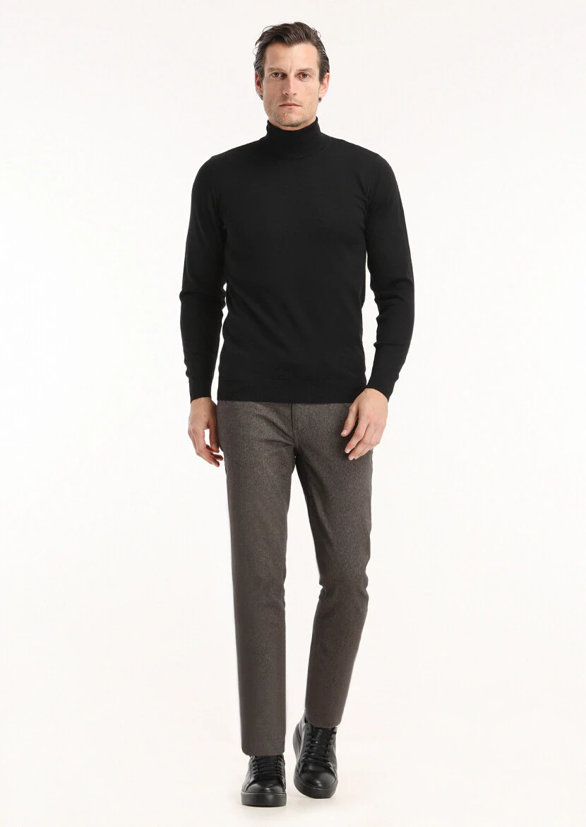 Siyah Tam Balıkçı Yaka Düz Örgü %100 Yün Triko Kazak - 1
