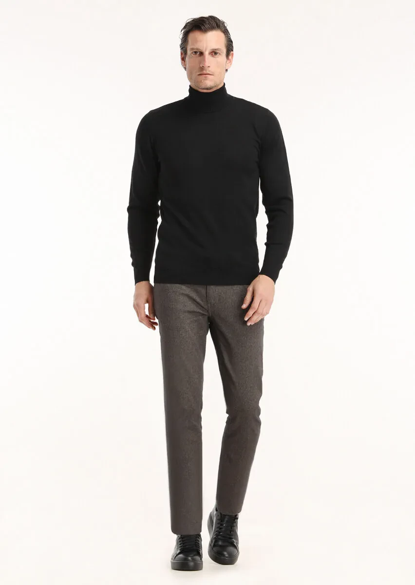 Siyah Tam Balıkçı Yaka Düz Örgü %100 Yün Triko Kazak - 1