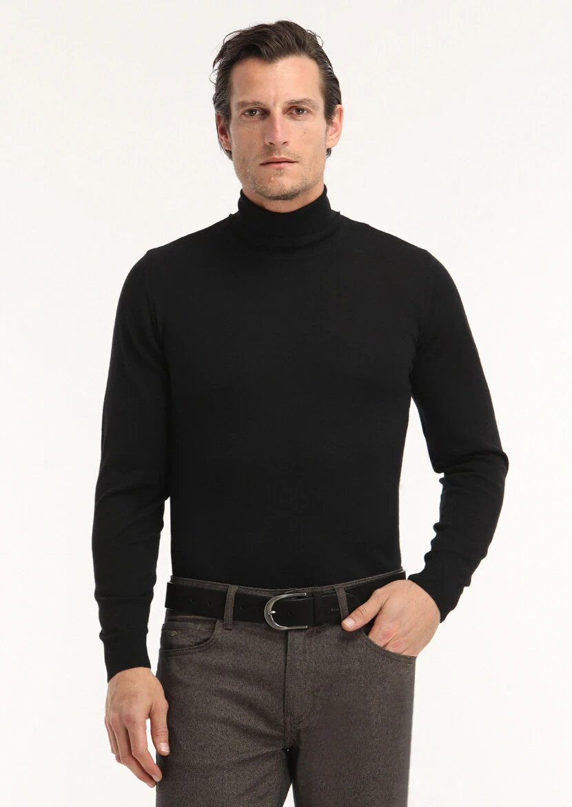 Siyah Tam Balıkçı Yaka Düz Örgü %100 Yün Triko Kazak 