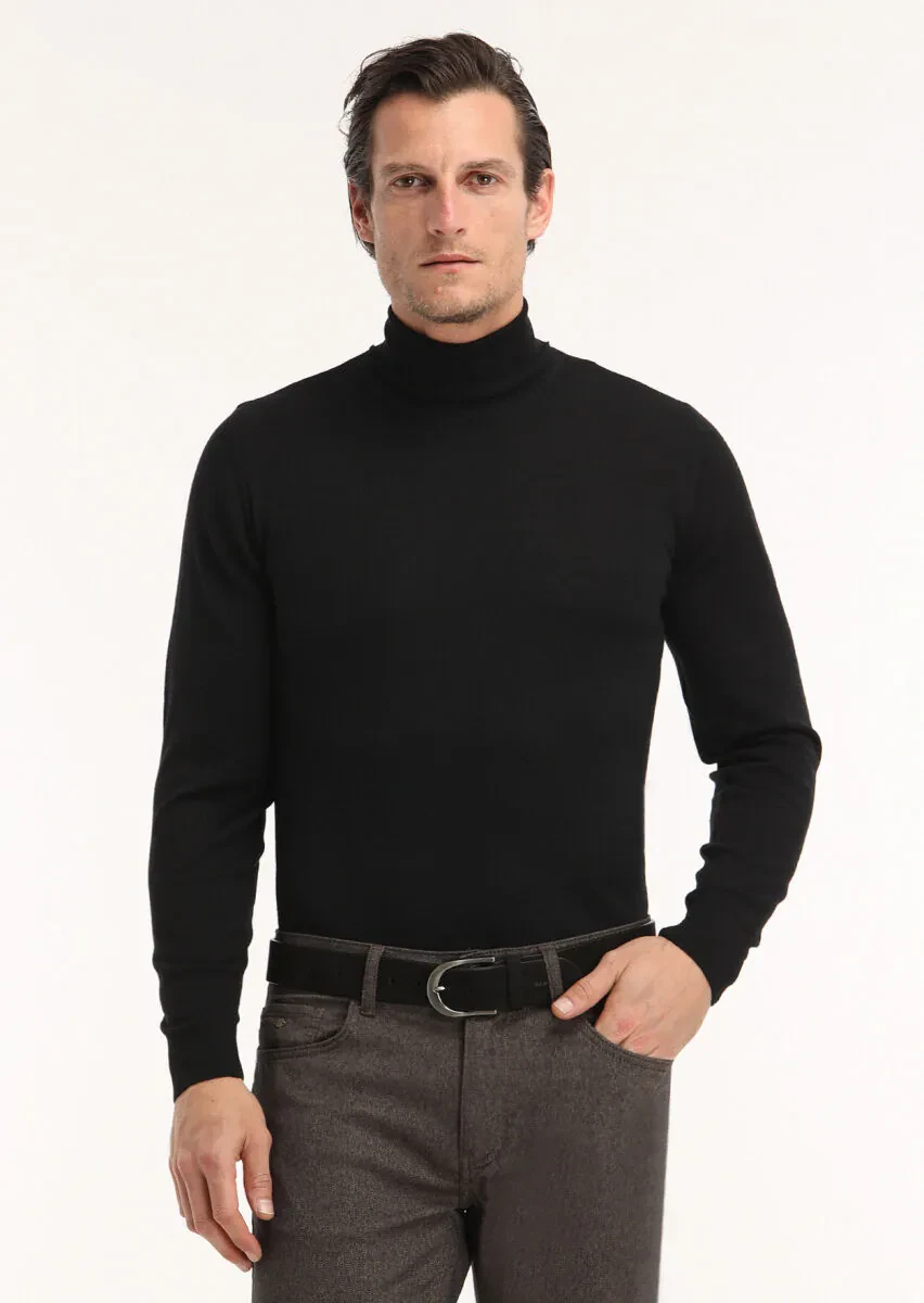 Siyah Tam Balıkçı Yaka Düz Örgü %100 Yün Triko Kazak - 2