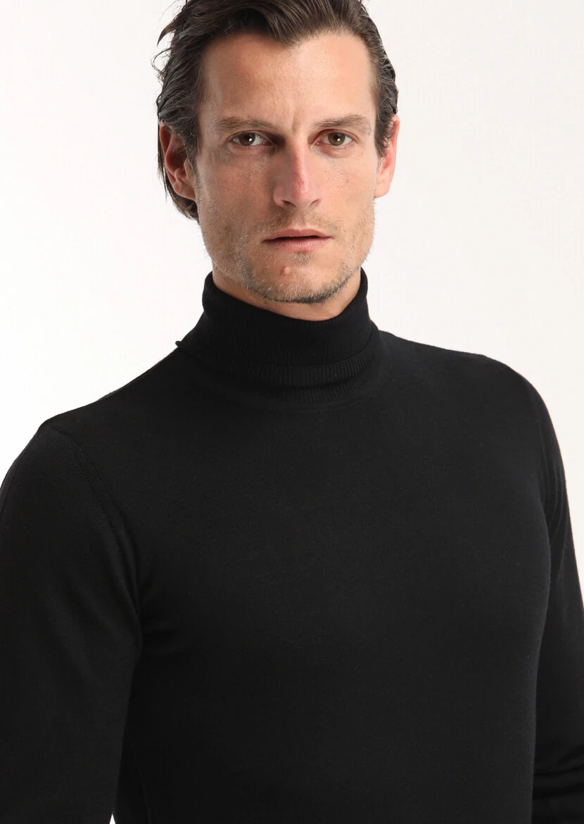 Siyah Tam Balıkçı Yaka Düz Örgü %100 Yün Triko Kazak - 3