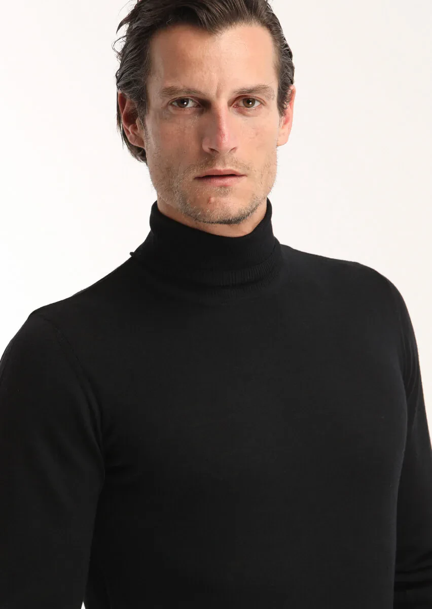 Siyah Tam Balıkçı Yaka Düz Örgü %100 Yün Triko Kazak - 3