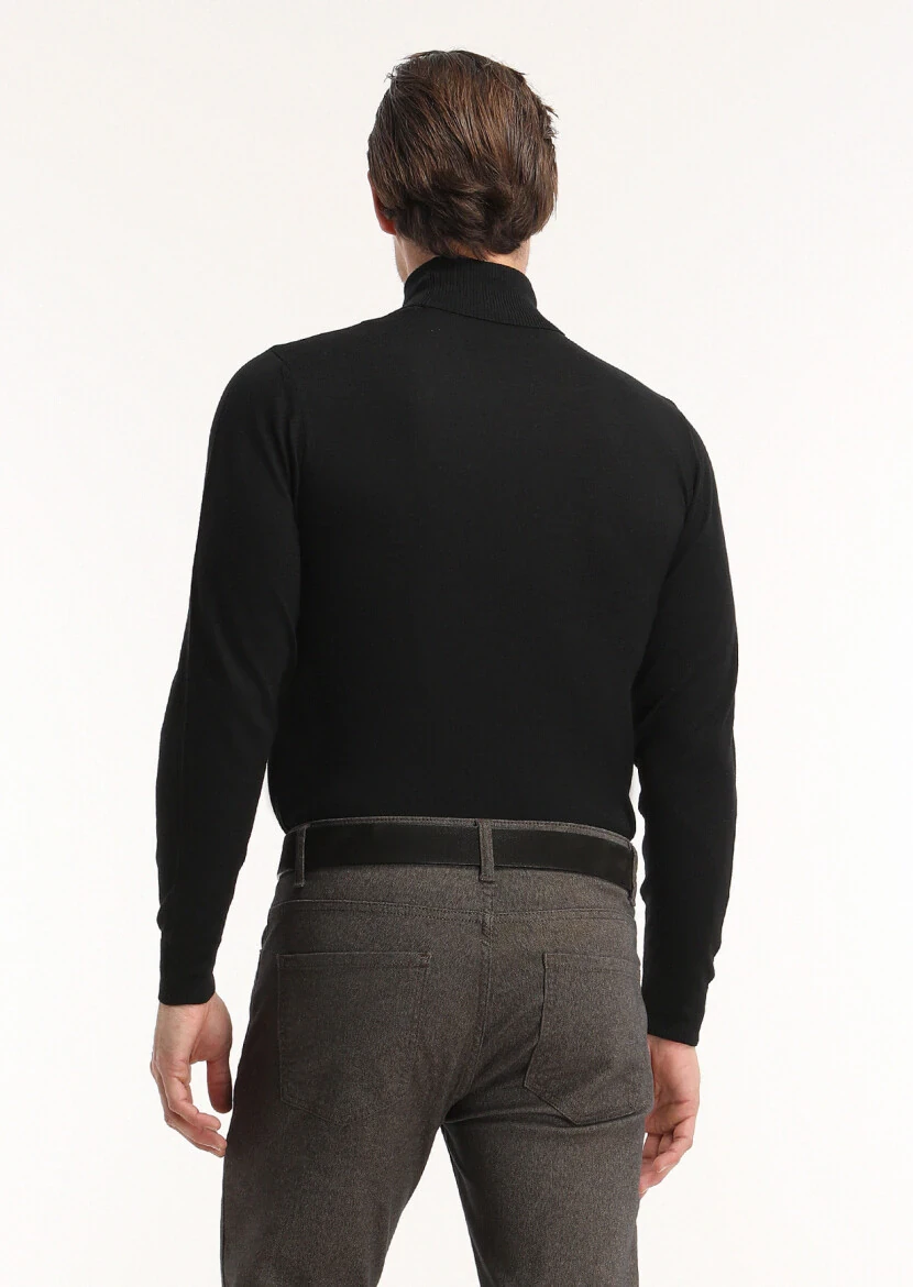 Siyah Tam Balıkçı Yaka Düz Örgü %100 Yün Triko Kazak - 4