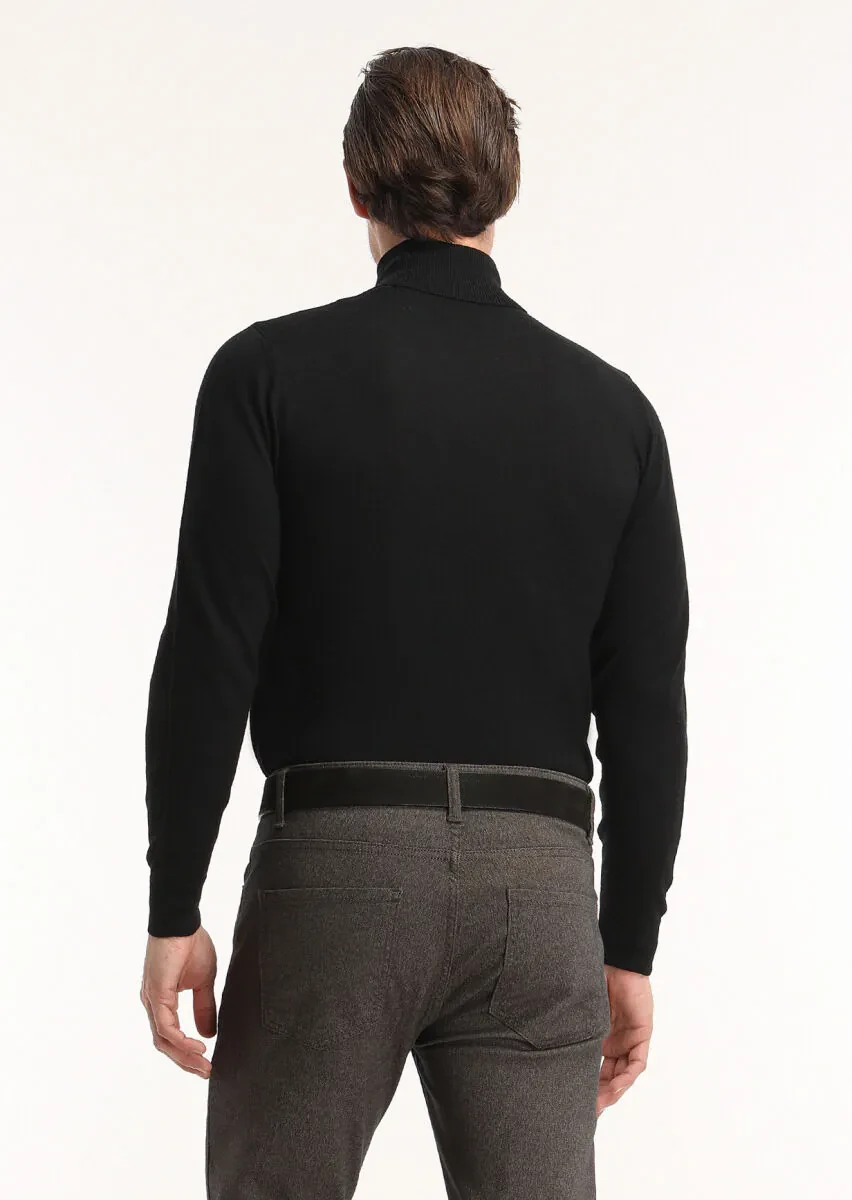 Siyah Tam Balıkçı Yaka Düz Örgü %100 Yün Triko Kazak - 4