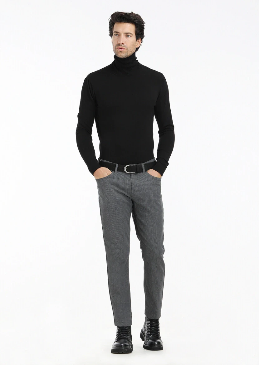 Siyah Tam Balıkçı Yaka Düz Örgü Yün Karışımlı Triko Kazak - 1