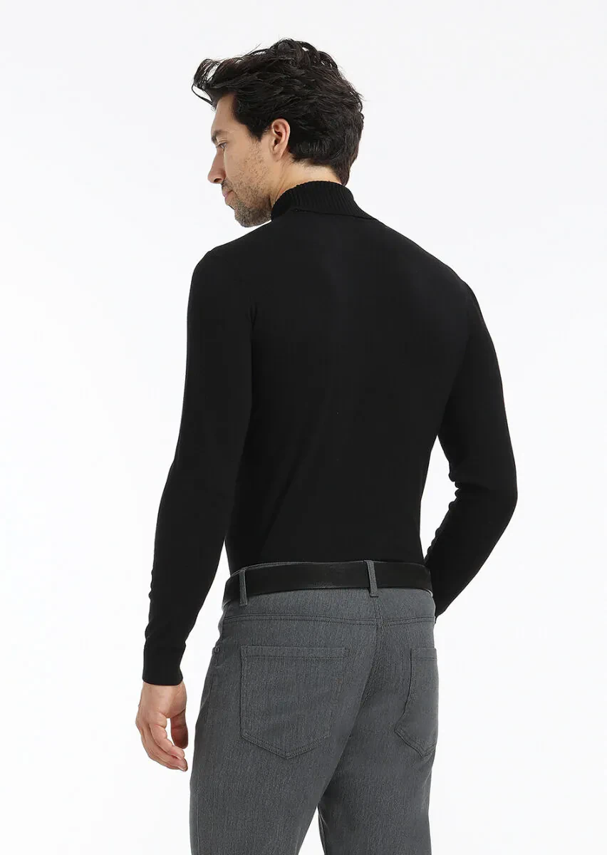 Siyah Tam Balıkçı Yaka Düz Örgü Yün Karışımlı Triko Kazak - 4
