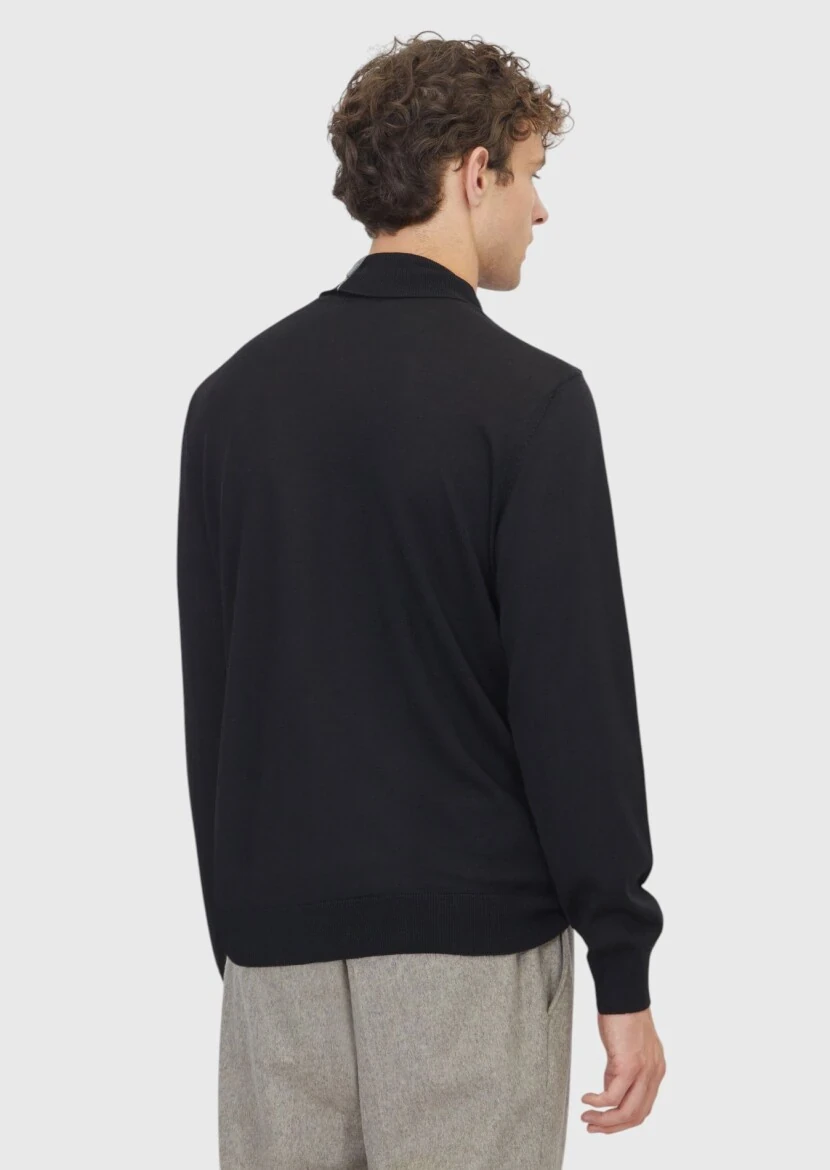 Siyah Tam Balıkçı Yaka Düz Örgü Yün Karışımlı Triko Kazak - 5