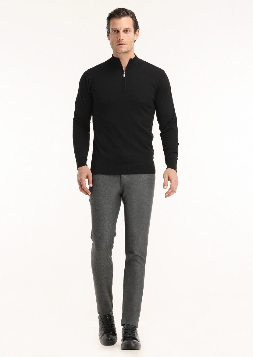 Siyah Yarım Balıkçı Yaka Düz Örgü %100 Yün Triko Kazak - 1