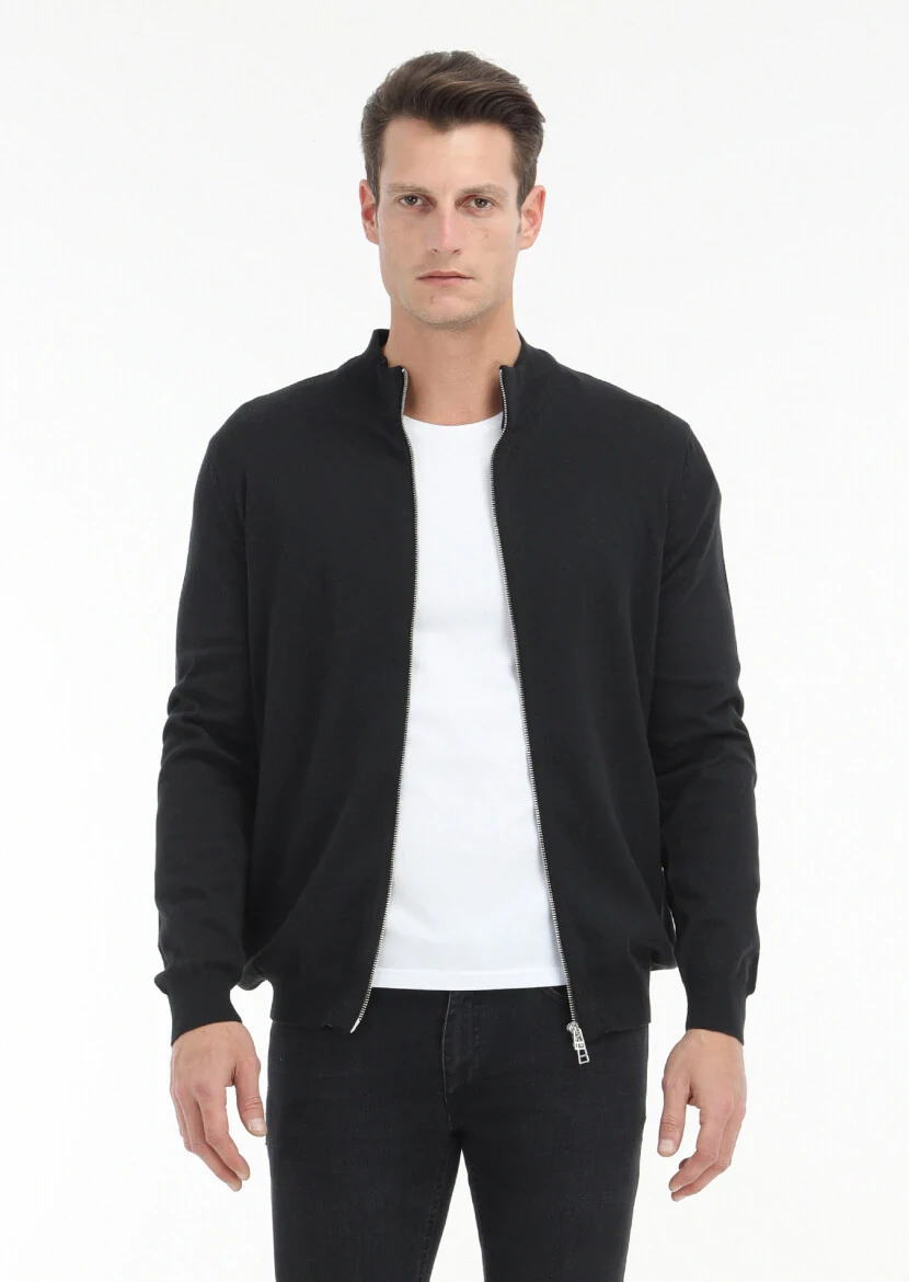 Siyah Yarım Balıkçı Yaka Düz Örgü Yün Karışımlı Hırka 