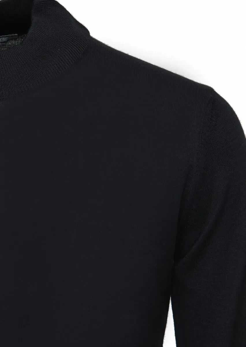 Siyah Yarım Balıkçı Yaka Düz Örgü Yün Karışımlı Triko Kazak - 2