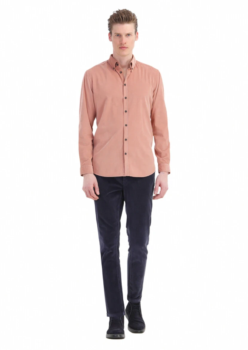 Somon Fitilli Regular Fit Dokuma Kadife Casual %100 Pamuk Gömlek 