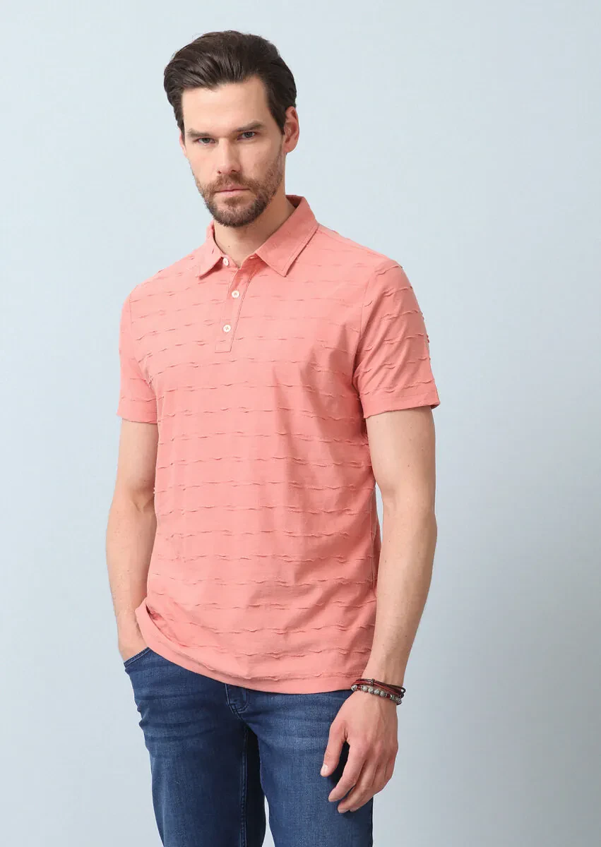 Somon Jakarlı Polo Yaka %100 Pamuk T-Shirt - 1