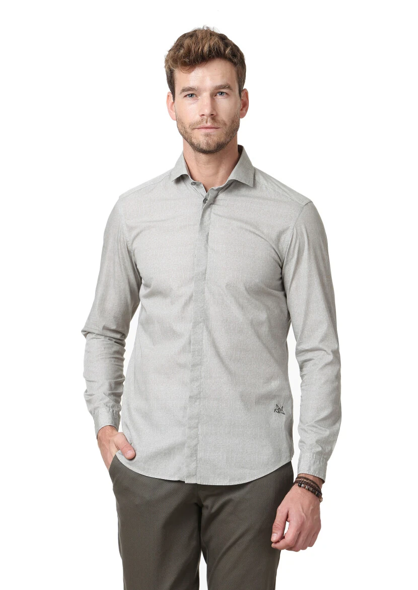 Stone Printed Slim Fit Weaving Casual 100% Cotton Shirt - 1