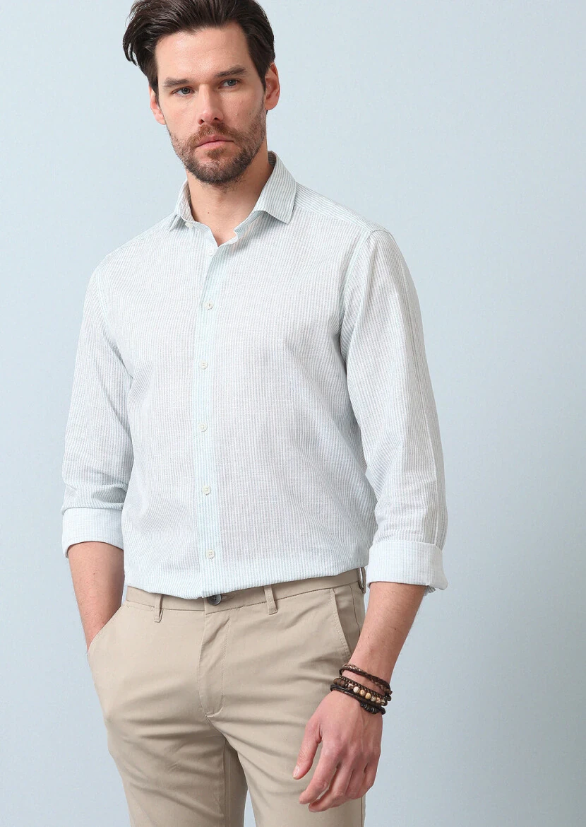 Su Yeşili Baskılı Regular Fit Dokuma Casual %100 Pamuk Gömlek - 1