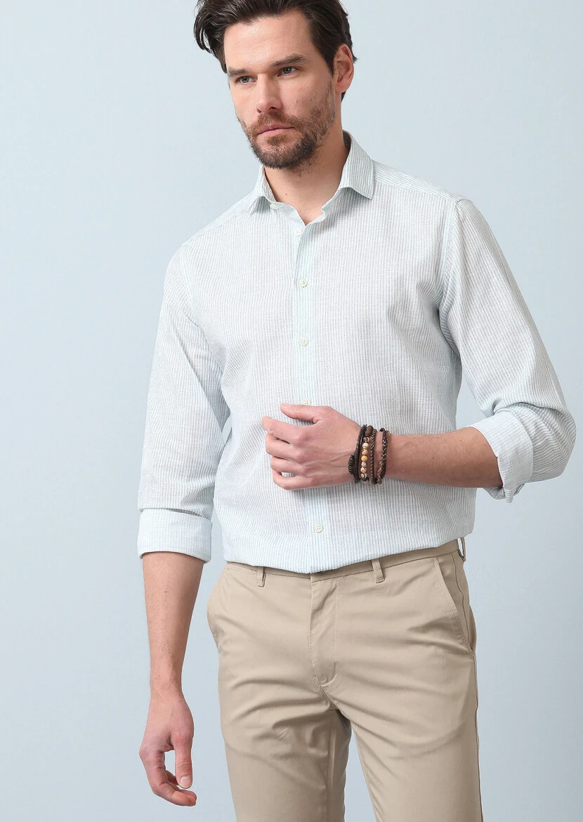 Su Yeşili Baskılı Regular Fit Dokuma Casual %100 Pamuk Gömlek - 3