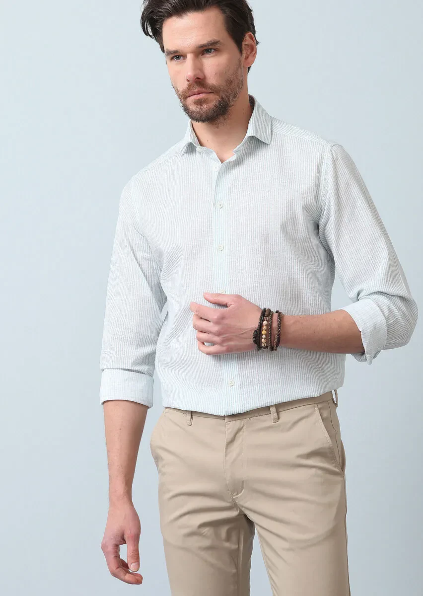 Su Yeşili Baskılı Regular Fit Dokuma Casual %100 Pamuk Gömlek - 3