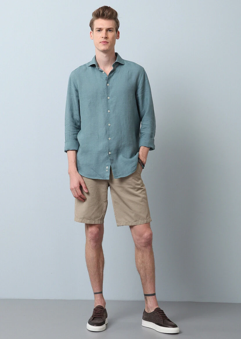 Su Yeşili Düz Regular Fit Dokuma Casual %100 Keten Gömlek 