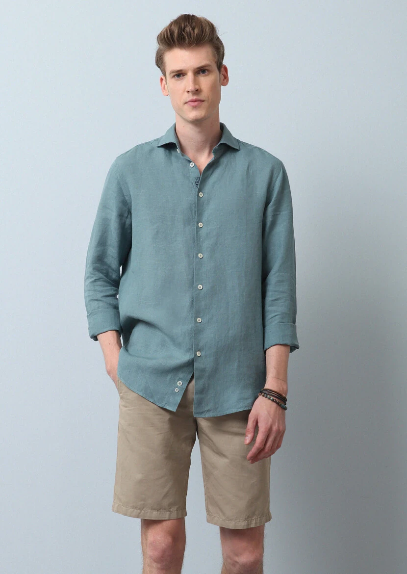 Su Yeşili Düz Regular Fit Dokuma Casual %100 Keten Gömlek - 3