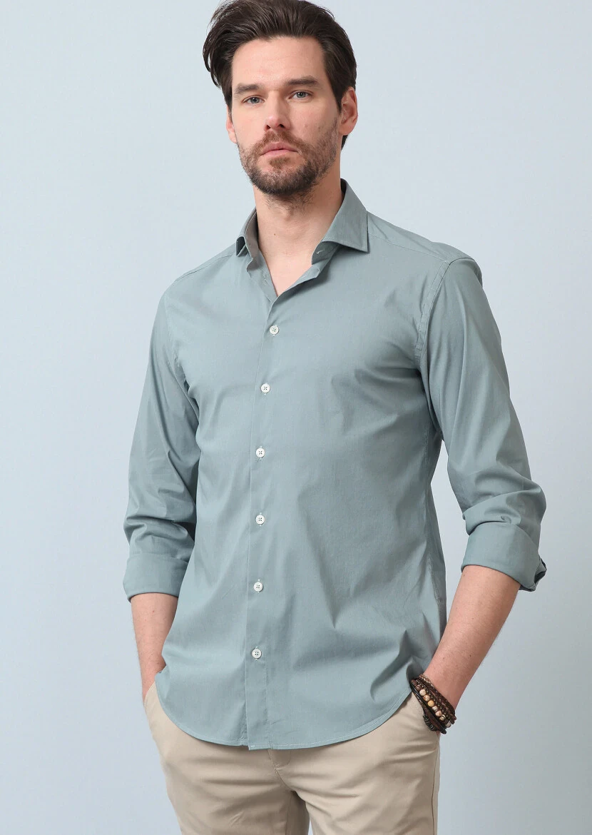 Su Yeşili Düz Regular Fit Dokuma Casual Pamuk Karışımlı Gömlek - 3