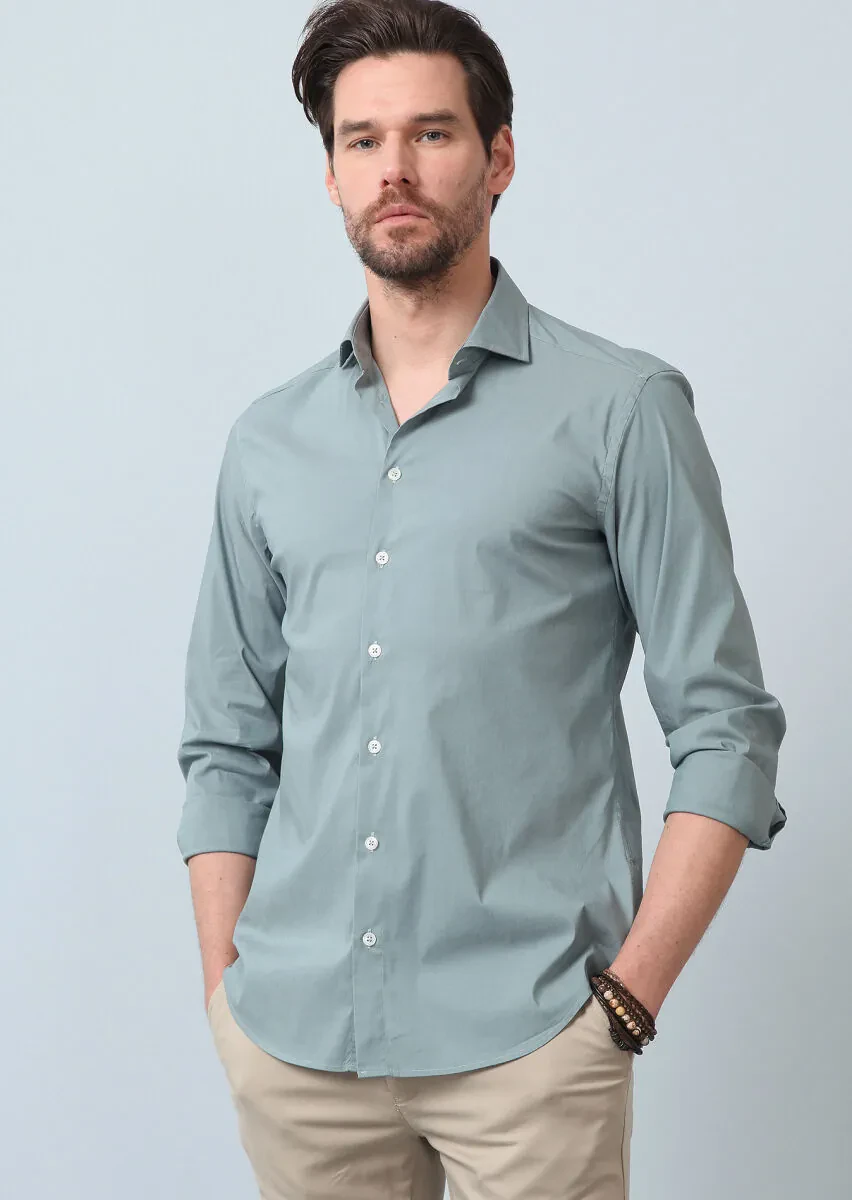 Su Yeşili Düz Regular Fit Dokuma Casual Pamuk Karışımlı Gömlek - 3