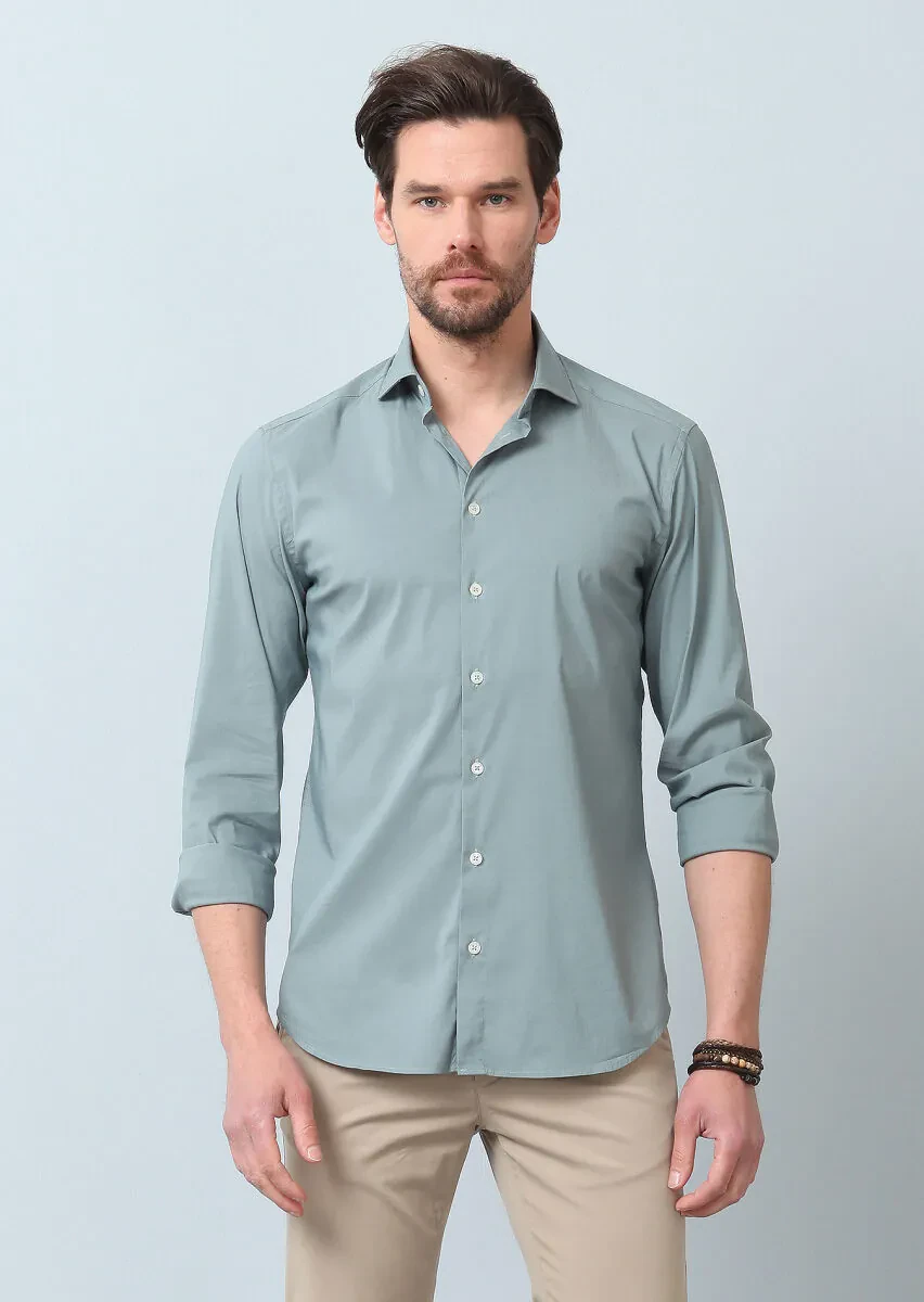 Su Yeşili Düz Regular Fit Dokuma Casual Pamuk Karışımlı Gömlek - 5