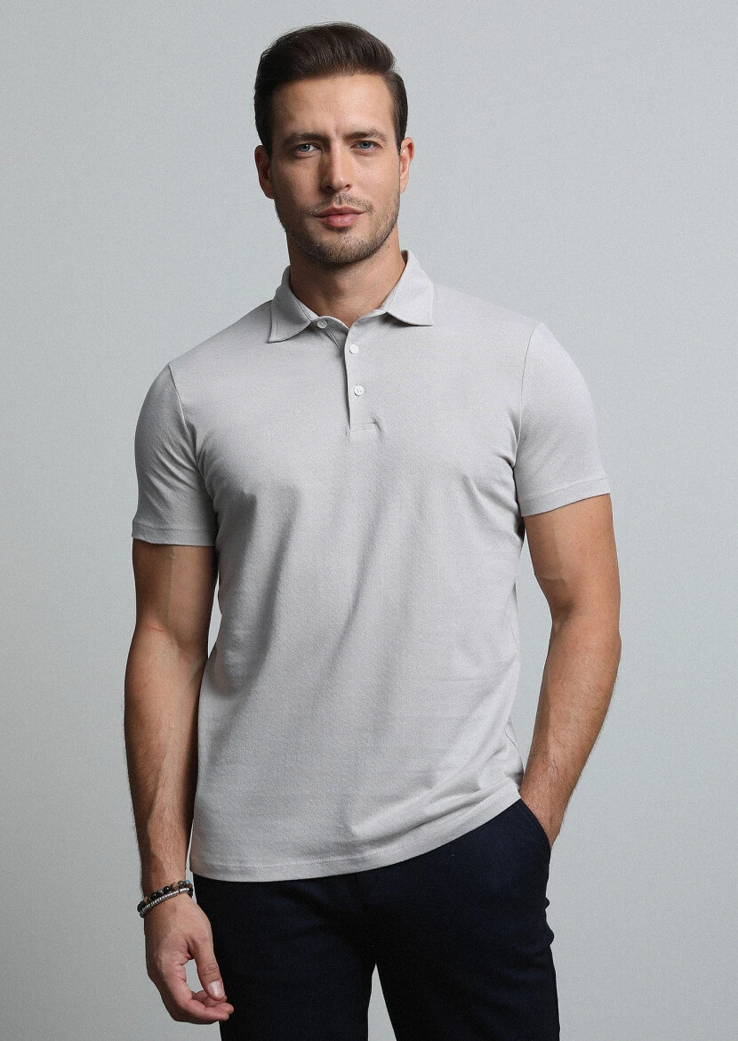 Taş Jakarlı Polo Yaka %100 Pamuk T-Shirt - 1