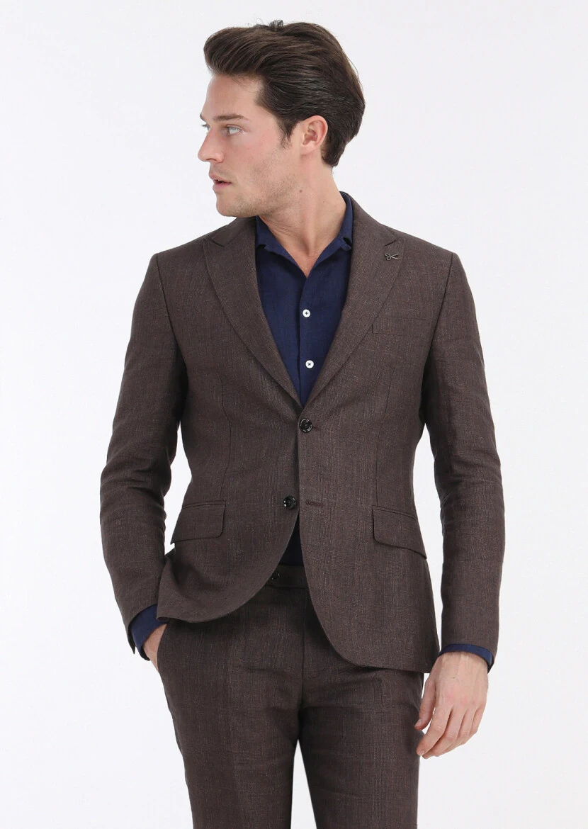 Tile Red Checkered Zeroweight Slim Fit 100% Linen Suit - 3