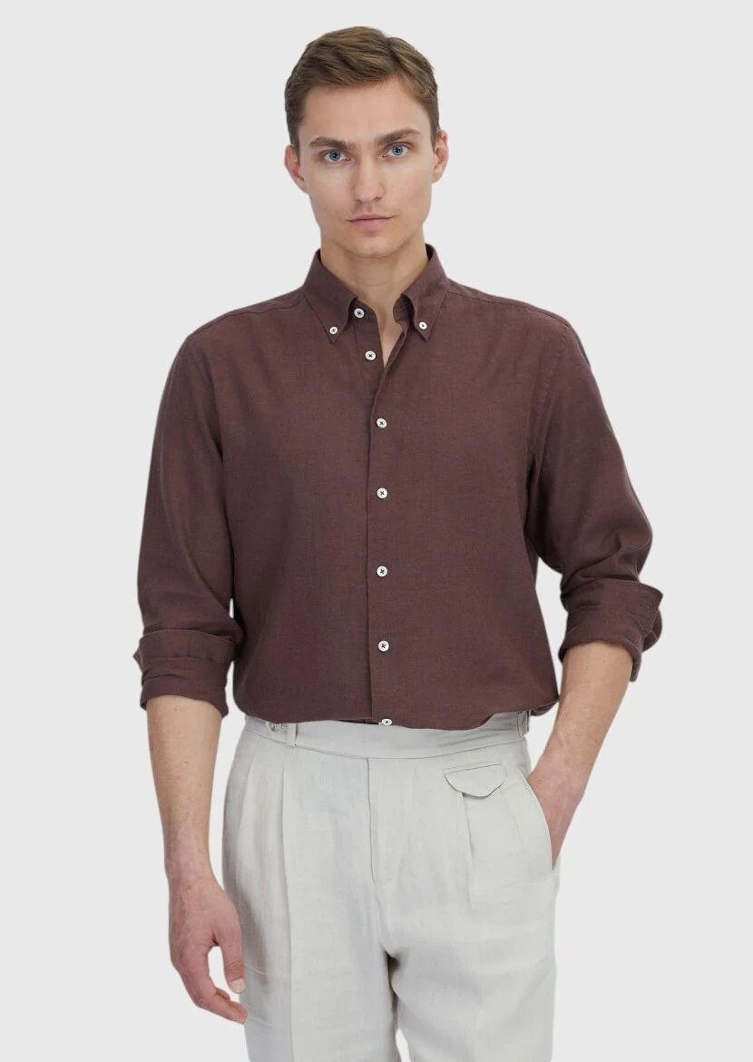 Tile Red Plain Casual Fit Weaving Casual Cotton Blended Shirt - RAMSEY