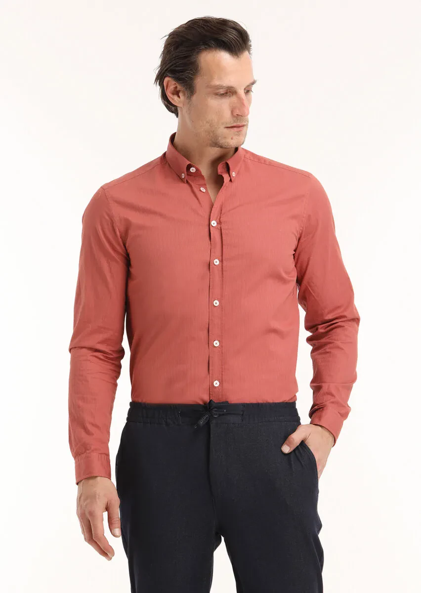 Tile Red Ribbed Regular Fit Weaving Casual 100% Cotton Shirt - 2