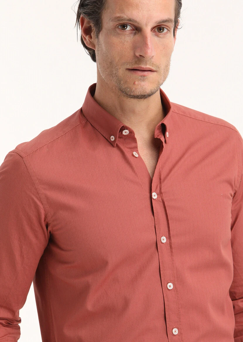 Tile Red Ribbed Regular Fit Weaving Casual 100% Cotton Shirt - 3