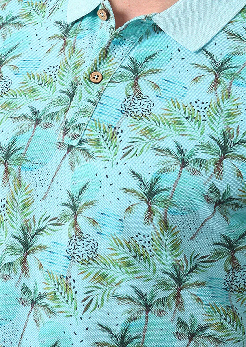 Turkuaz Baskılı Polo Yaka %100 Pamuk T-Shirt - 2