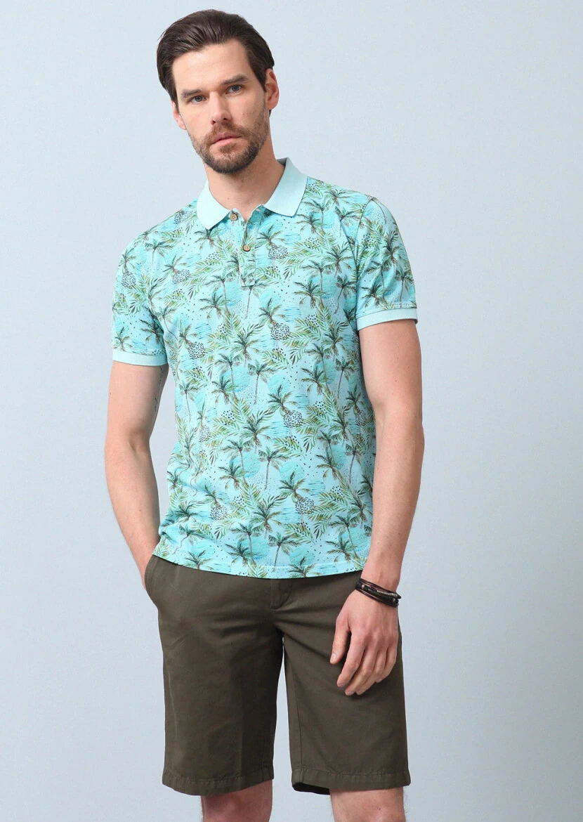 Turkuaz Baskılı Polo Yaka %100 Pamuk T-Shirt - 3