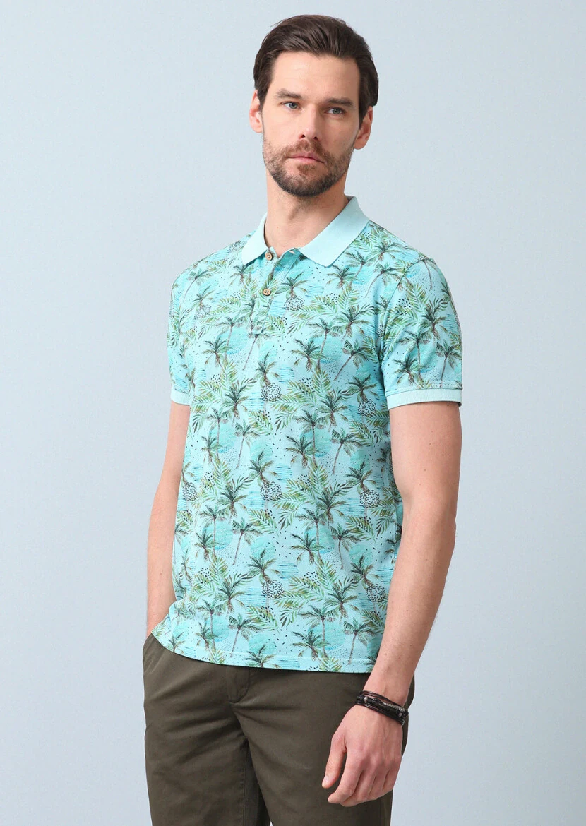 Turkuaz Baskılı Polo Yaka %100 Pamuk T-Shirt - 5